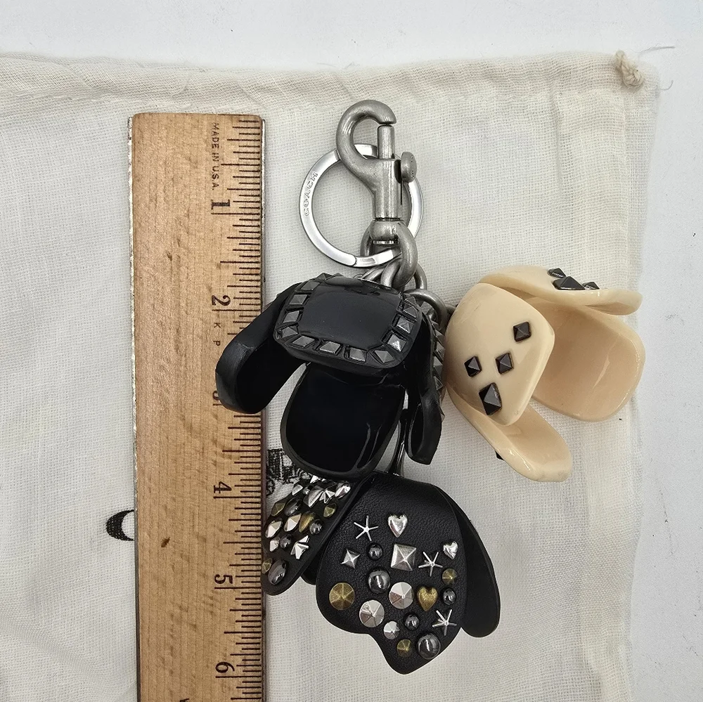 Coach Tea Rose Studded Bag Charm/  KeyRing, B & W, EUC - Picture 10 of 11